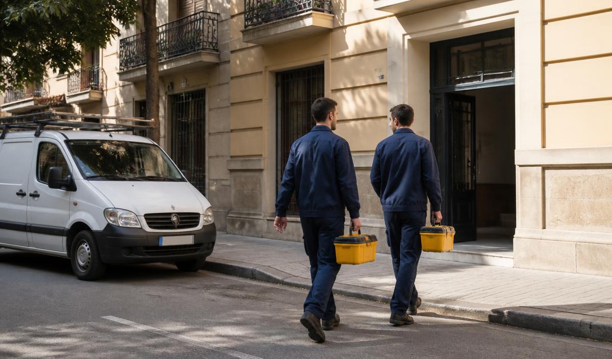 Dos fontaneros llegando con sus cajas de herramientas a un edificio de Valencia